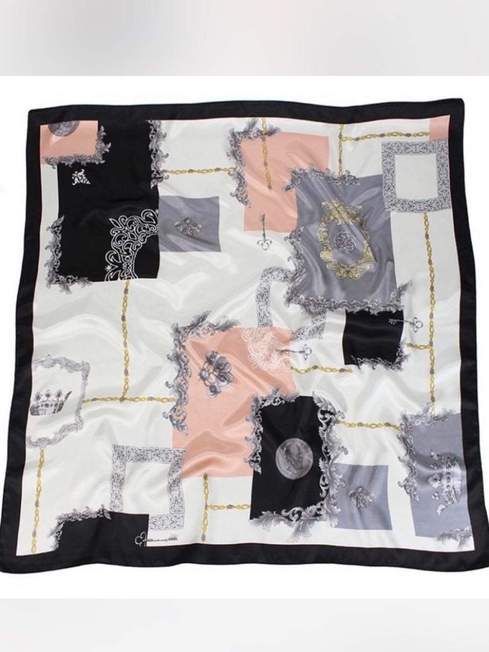 Silk-Feel Square Print Scarf in Peach, Black & Gray